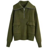 woman 2021 casual traf pull suit autumn winter half zipper knit jumper pockets loose sweaters coats 2 piece set