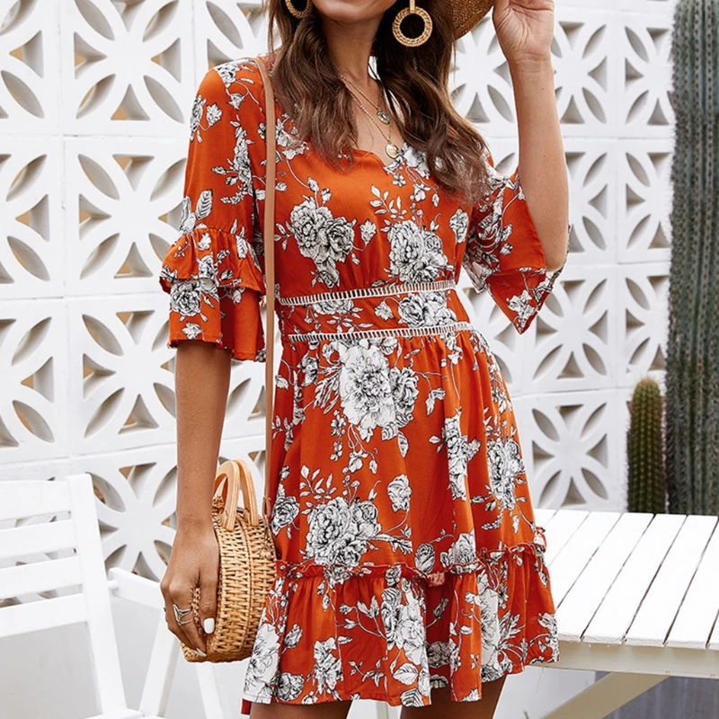 

Women Sexy V Neck Backless Short Sleeve Floral Dress Summer Party Beach Holiday Sundress