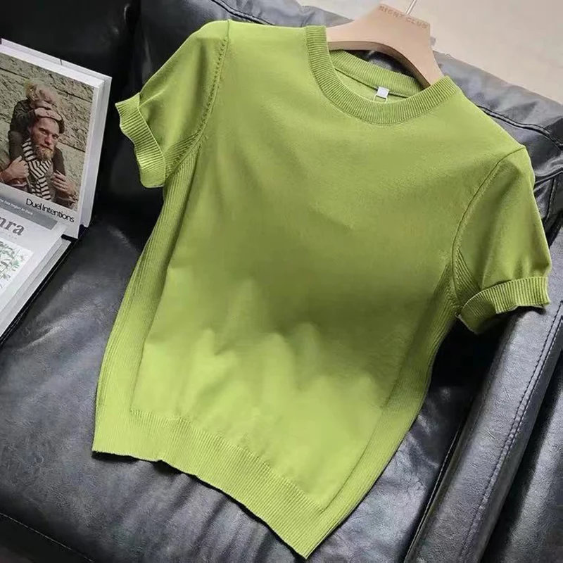 

2021 new men's knitted short-sleeved men's autumn round neck t-shirt half-sleeved sweater thin bottoming shirt top