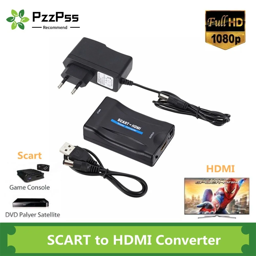 PzzPss 1080P SCART To HDMI Video Audio Upscale Converter Adapter for HD TV DVD Sky Box STB Plug and Play DC Cable Hot Sale | Электроника