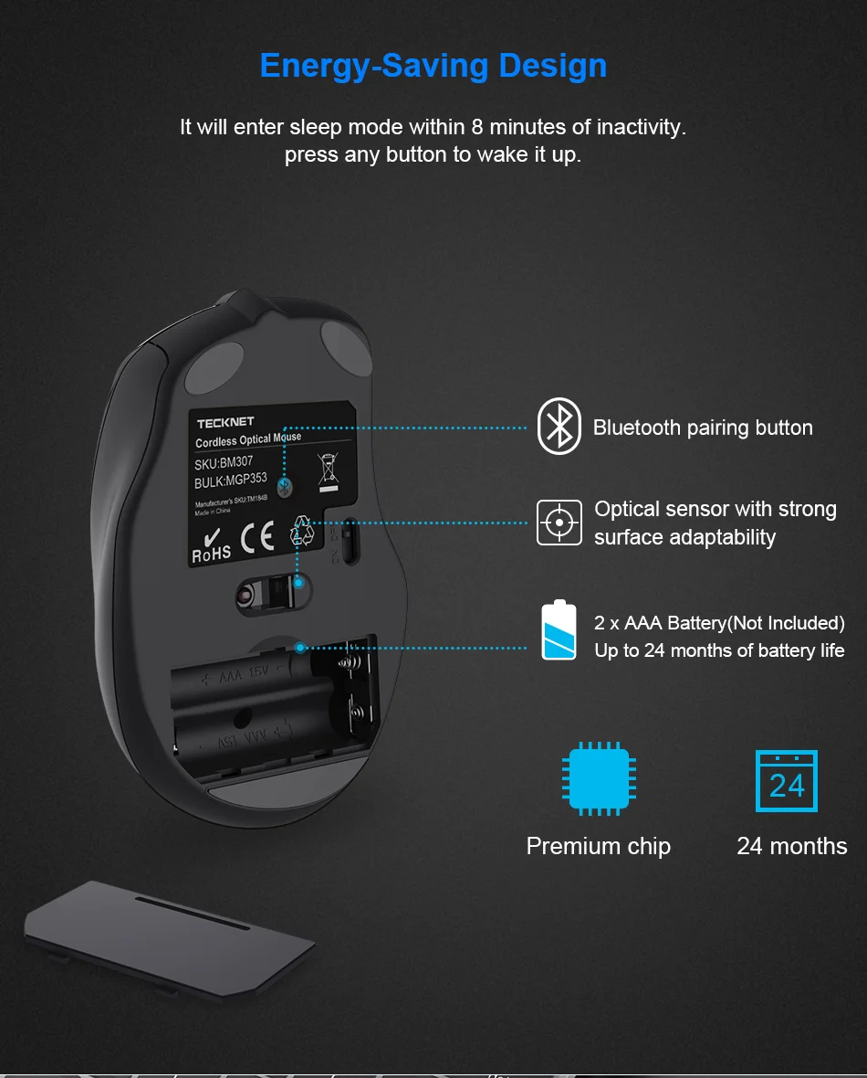 TeckNet, оптическая беспроводная мышь, компьютерная, Bluetooth, мышь, 2600 dpi, 2,4G, беспроводная, Bluetooth мышь, эргономичные мыши для ноутбука/планшета