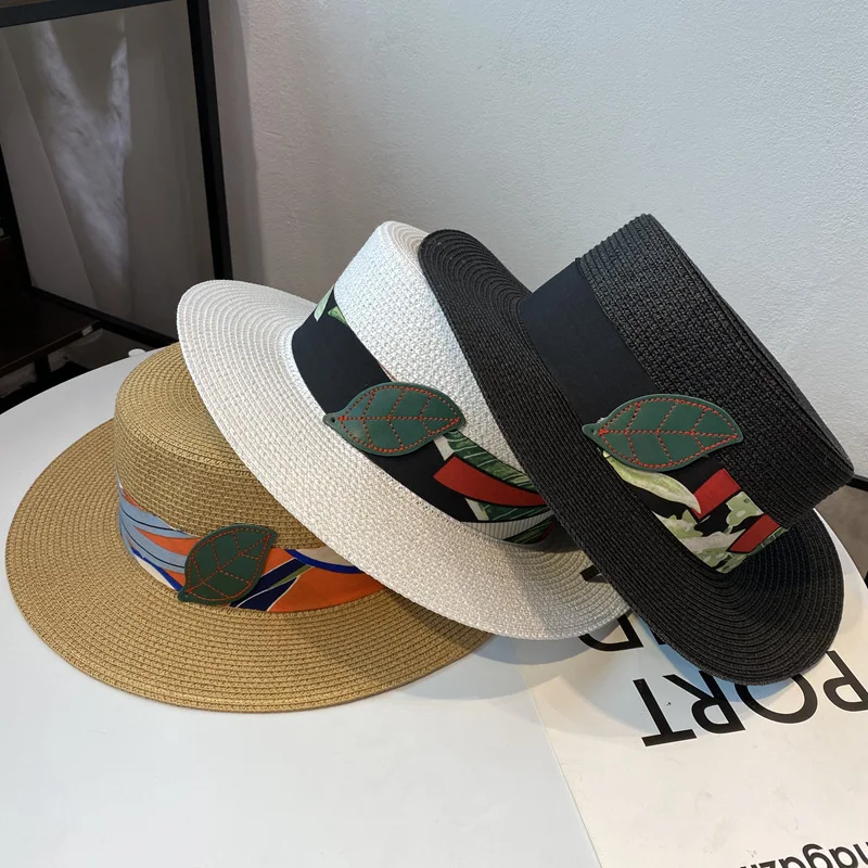 

Шляпа женская Соломенная с плоскими полями, Панама в простом стиле, Пляжная шапка в стиле кэжуал, для девушек, лето, 2021