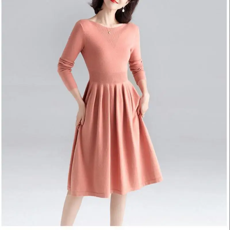 Осень-зима 2019 офисное женское трикотажное длинное платье с круглым вырезом 4