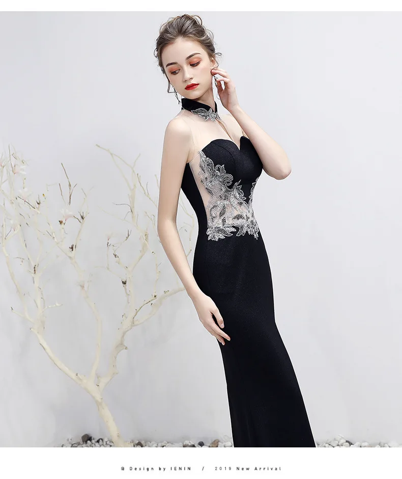 Глубокий v-образный вырез сексуальное Cheongsam вечернее китайское платье-Ципао черные длинные платья Восточный Стиль Сплит вечерние винтажное платье Qi Pao женское китайское
