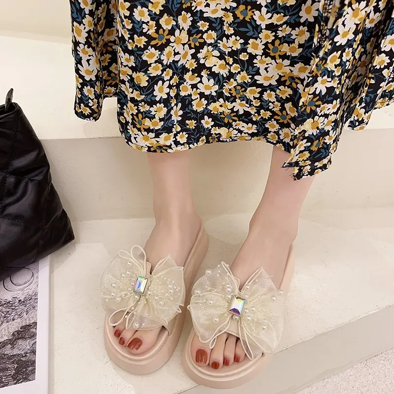 

Butterfly-Knot Med Shoes Slippers Flat Slides Platform Fashion Slipers Women Soft Summer Luxury 2021 PU Butterfly-knot Rubber