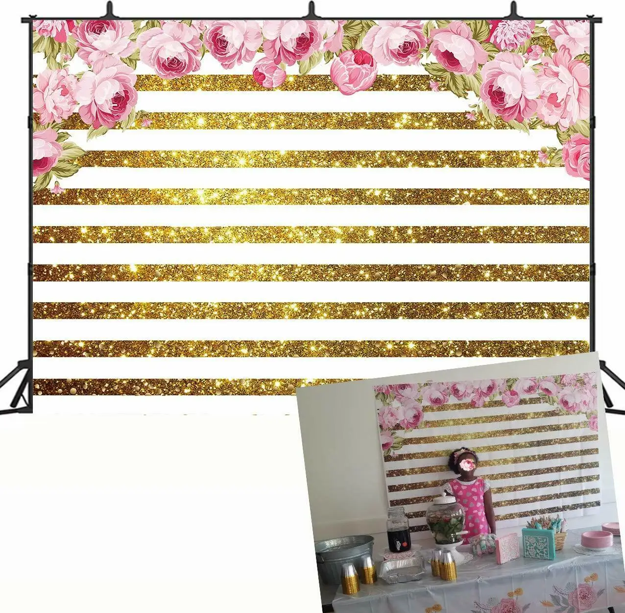 Золотистый белый полосатый акварельный цветочный фон вечевечерние торт стол