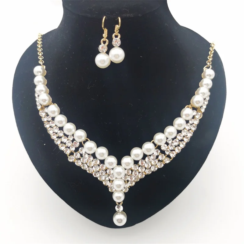 Новинка стразы жемчужные свадебные ювелирные наборы посеребренные кристаллы эффектные ожерелье серьги наборы свадебный подарок набор ювелирных изделий