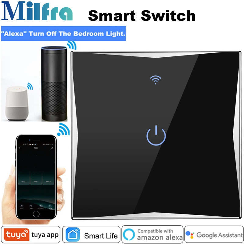 

Milfra Wifi Smart Switch Neutral Wire Required Glass Touch Voice Phone Control EU Wall Switches for Google Alexa Tuya Smart Life
