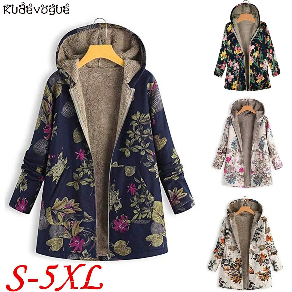 

Plush coat printed women's cotton clothing cotton linen hooded jacket tops warm and comfortable