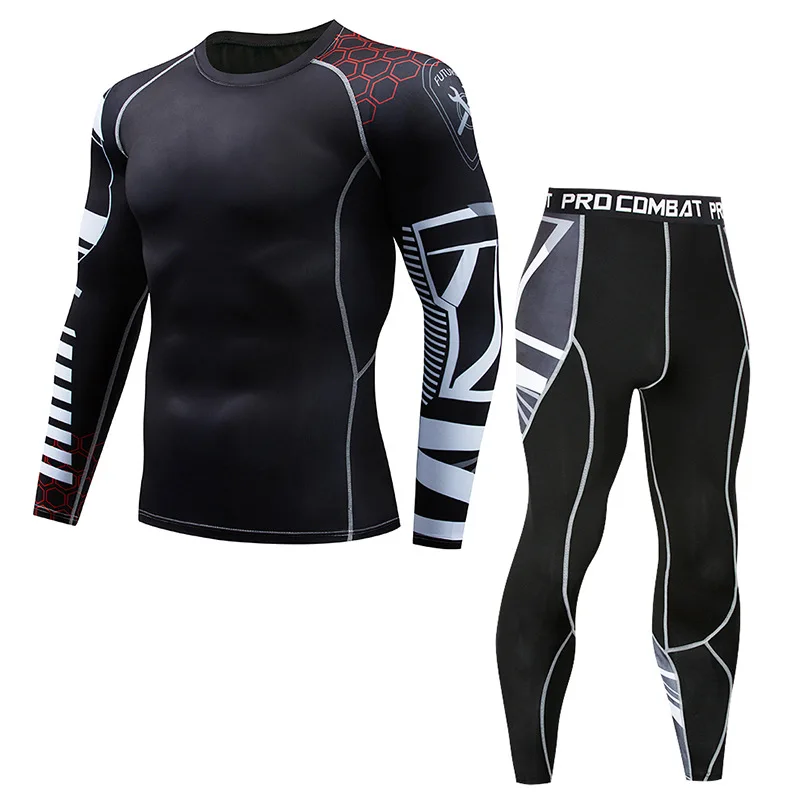 Four Seasons New Men's Round Neck Pattern Fitness Clothing Suit Tights Running Training Sports Suit Men Sports Tracksuit