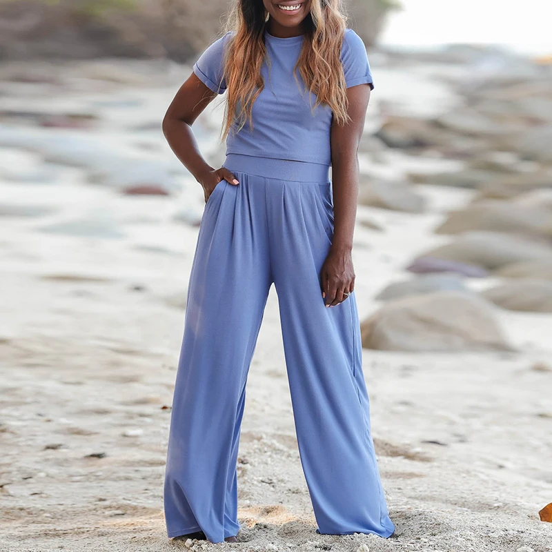Fashion Casual Wide-Legs Suits Spring Summer New Short-Sleeve Slim Crop T-Shirt Trousers Two-Piece Set Homewear Women's Clothing |