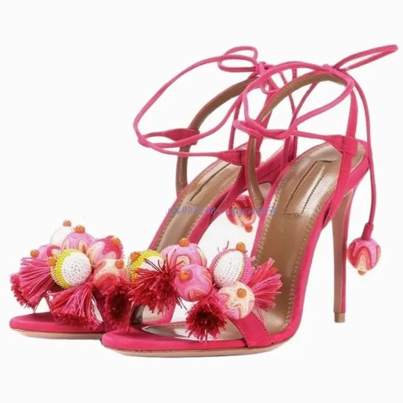 

New Pink High Heel Sandals Lace Up Fringe Decor Women Sandals Round Toe Blue Summer Shoes For Women Stilettos Zapatos Mujer