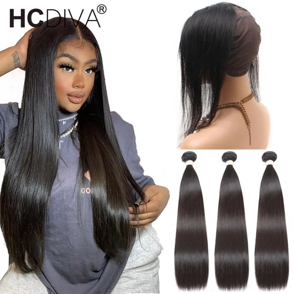 

Peruvian 360 Lace Frontal With Bundles Straight Human Hair Weave Bundles With Closure Remy Hair Extension With Frontal Closure