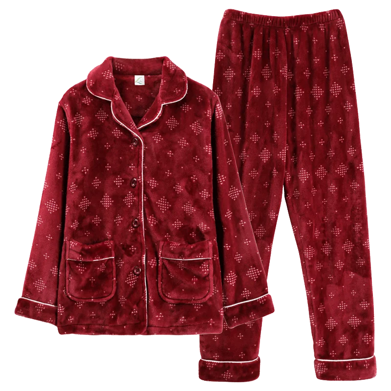 Couple Winter Pijamas Warm Flannel Jujube Red Royal Black Cardigan Loungewear Teddy Style Pocket Long Sleeves Pants Pajamas Set