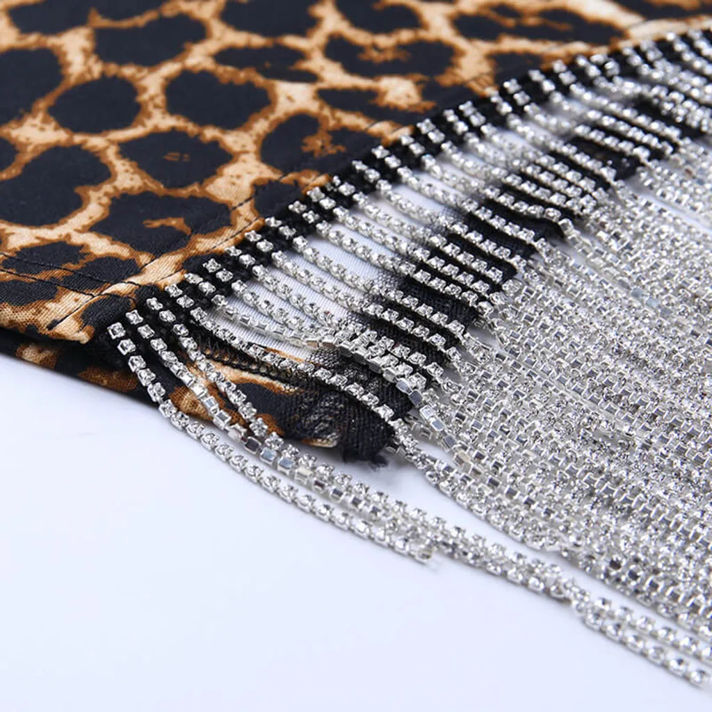 Женское леопардовое платье с кисточками и бриллиантами вечернее длинными