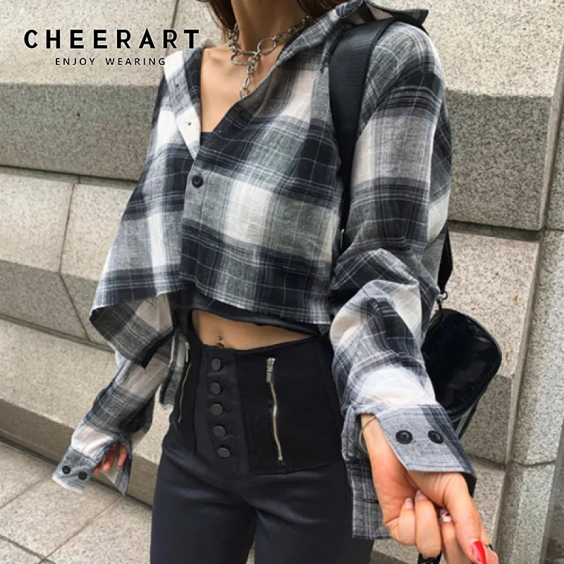 CHEERART Buffalo Plaid Shirt Women Crop Top Long Sleeve Blouse Button Up Shirt Fall Tops Korean Fashion Clothing