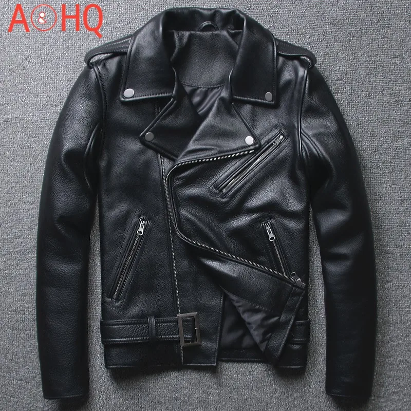 

2021 Winter Black Cowhide Motorcycle Leather Jacket Men Short Slim Genuine Real Cow Leather Biker Coat Male Fashion Outerwear