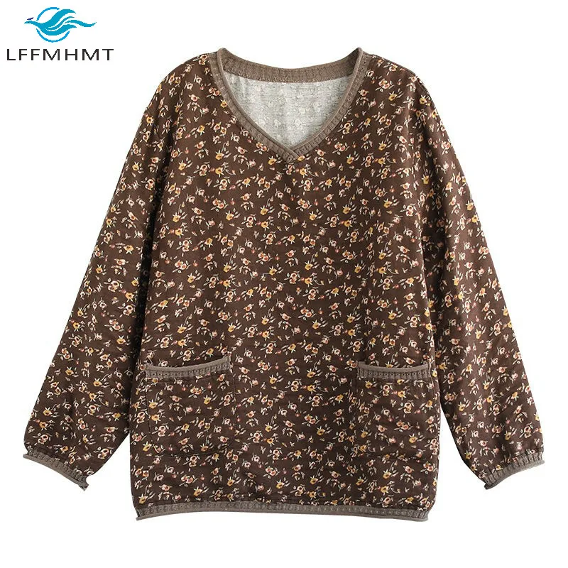 

Floral Print Vintage Long Sleeve High Quality Japan Style Cotton Linen T-Shirt Office Lady Retro Double Pockets Casual Wild Tops