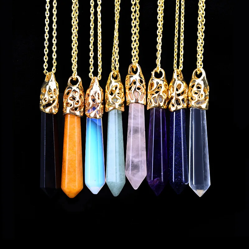 

Natural Crystal stone Pendant Necklace Stone Short Hexagon Column Necklace Sweater Chain Jewelry Accessories