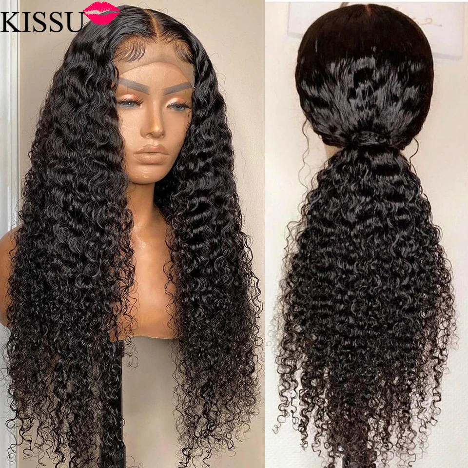 30 Inch Kinky Culry Lace Front Human Hair Wig Brazilian pre plucked Lace Front Long Human Hair Wigs For Women 4x4 Closure Wig