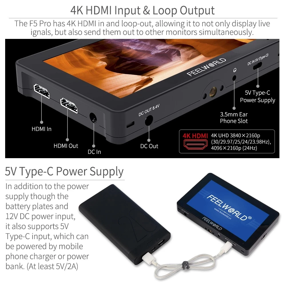 Монитор для камеры FEELWORLD F5 Pro 5 дюйма IPS FHD1920x1080 4K HDMI |