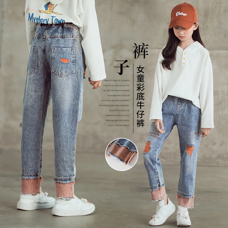 Рваные джинсы для девочек-подростков повседневные свободные штаны брюки