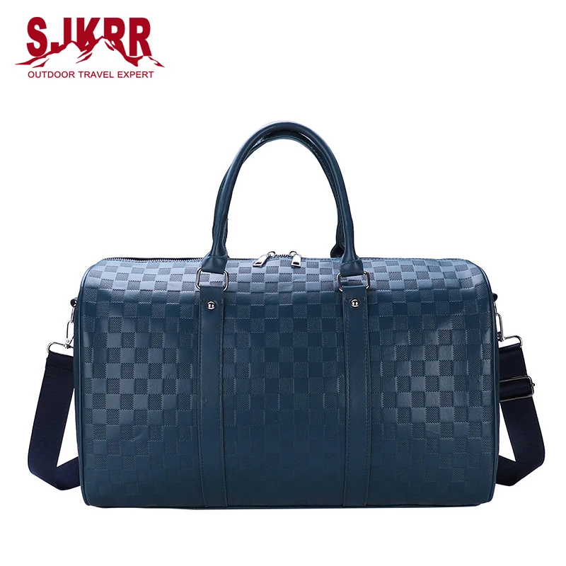 

S.IKRR PU Leather Men Handbags Fashion Plaid Big Travel Bag Luggage Sports Duffle Bag Women Shoulder Crossbody Gym Bags Cheap
