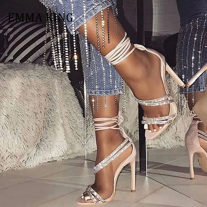 

2020 Summer Fashion Rhinestone Gladiator Sandals 10/12cm Thin High Heel Crystal Women Shoes Ladies Wedding Party Open Toe Sandal