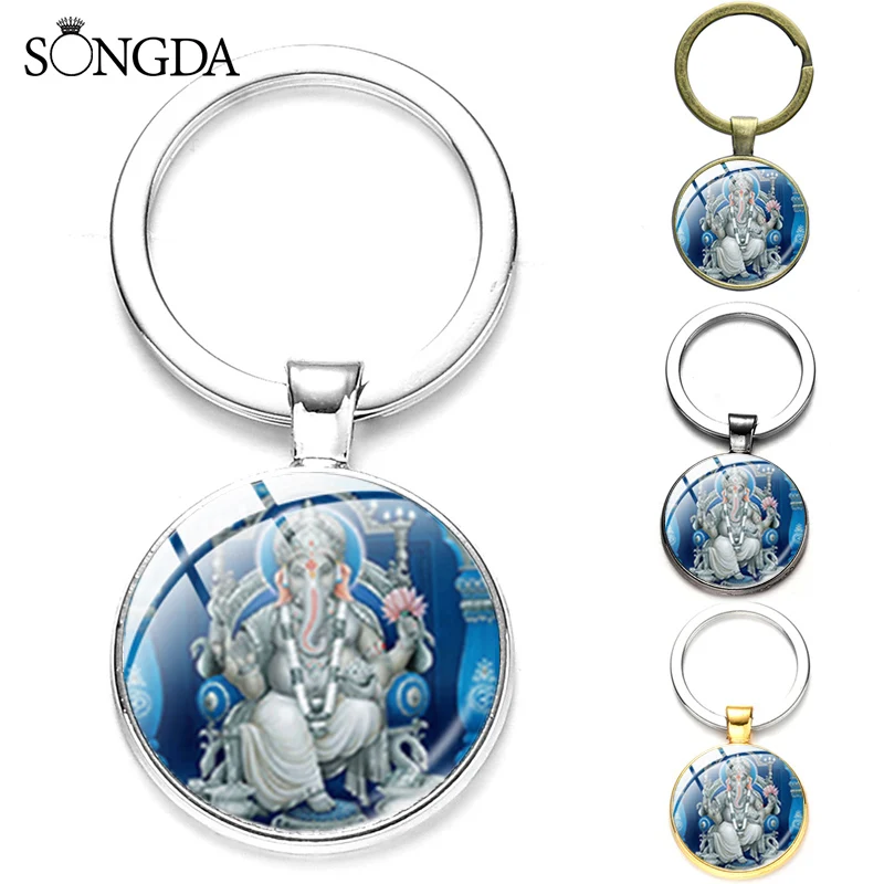 

Ganesha Buddha Elephant Keychain Indian Lotus Elephant Meditation Spiritual Car KeyRing Glass Pendant Religious Believer Jewelry