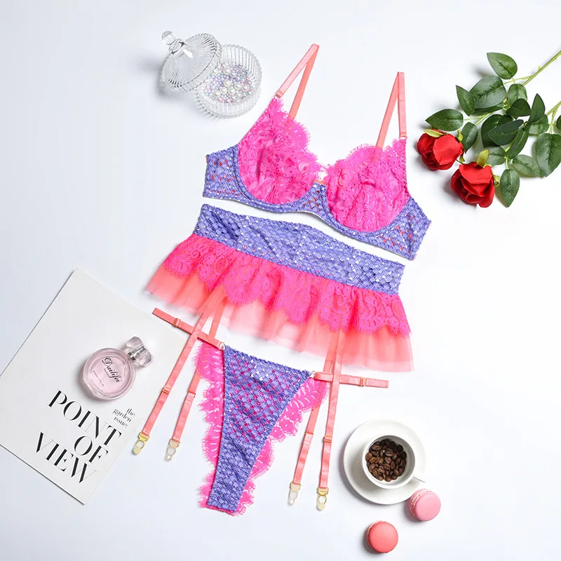 

Women Lace Sheer Lingerie Push Up Bra and Panty Patchwork Color Fishnet Underwear Costumes Femme Sexy Lingere Tassels Suits