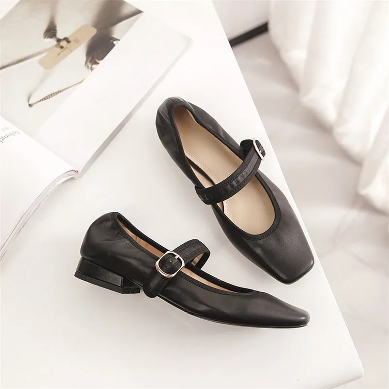 

Meotina Mary Janes Shoes Women Natural Genuine Leather Low Heels Pumps Fashion Square Toe Shoes Buckle Strap Lady Footwear Beige