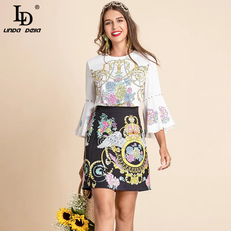

LD LINDA DELLA 2021 Summer Fashion Printed Two Skirts Pieces Set Women's O-neck Loose Tops and High waist Black Skirts Suit
