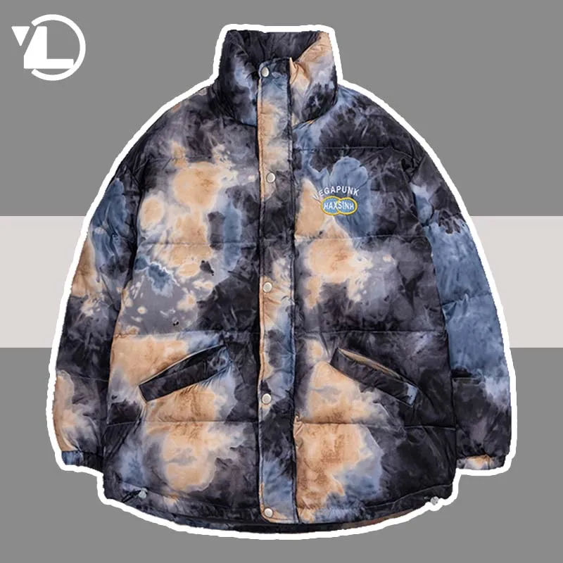 Hip Hop Tie-dyed Winter Parkas Men Streetwear Thicken Down Cotton Jackets Women Casual Oversized Japanese College Coat Outwear