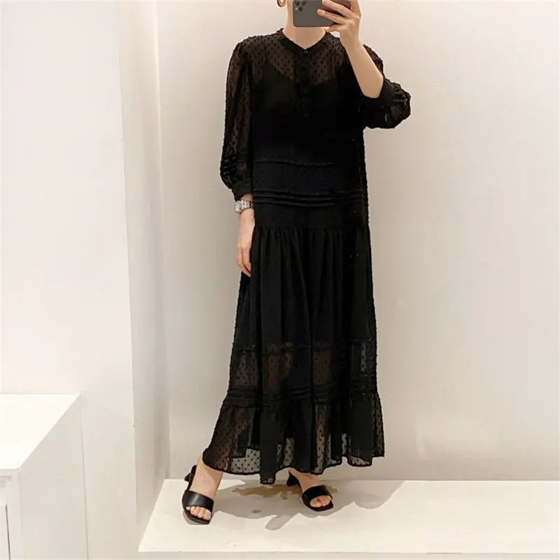 

BornSra Gentle Sweet Full Sleeves Korean Feminine Loose High Waist New Chic 2020 Thin Casual Hot Sale Long Dresses Vestidos