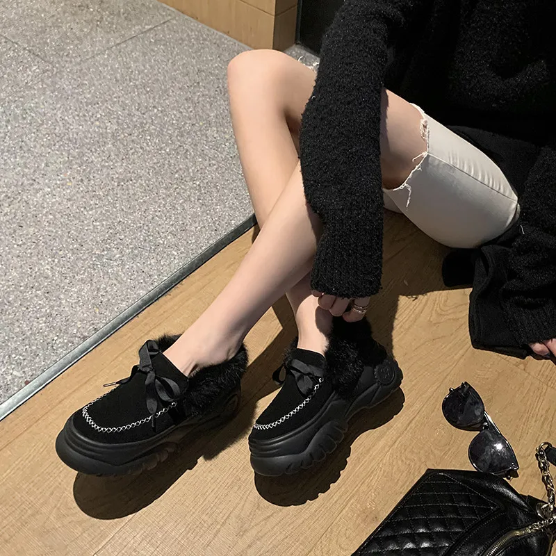 

New Winter Rabbit Fur Cow Suede Flat Platform Women Flats Warm Soft Sponge Cake Sole Bowknot Ladies Shoes Black Gray Heel 7cm