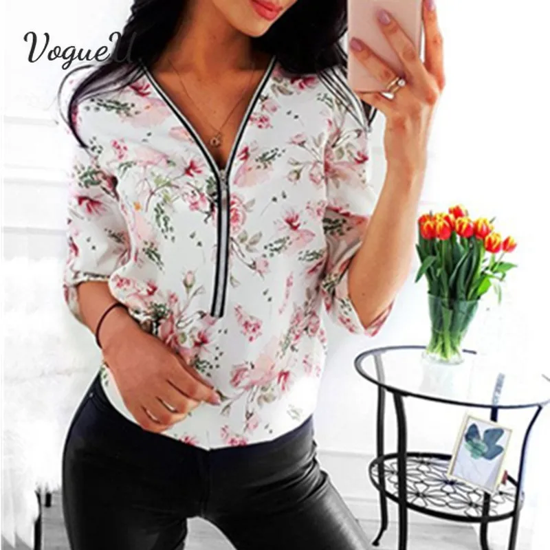 

Women Chic T-Shirts Summer Elegant Short Sleeve Print V-Neck Female Work Zipper Shirts Tops Fashion All-Match Tops Clothes New