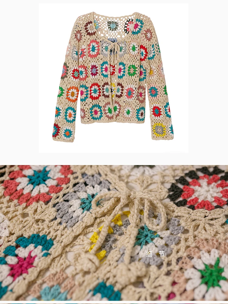 

Knitted Cardigan Hollow Out Jakets Beach Holiday Bohemian Long Sleeve Outerwear Embroidery Flowers Loose Women Coats