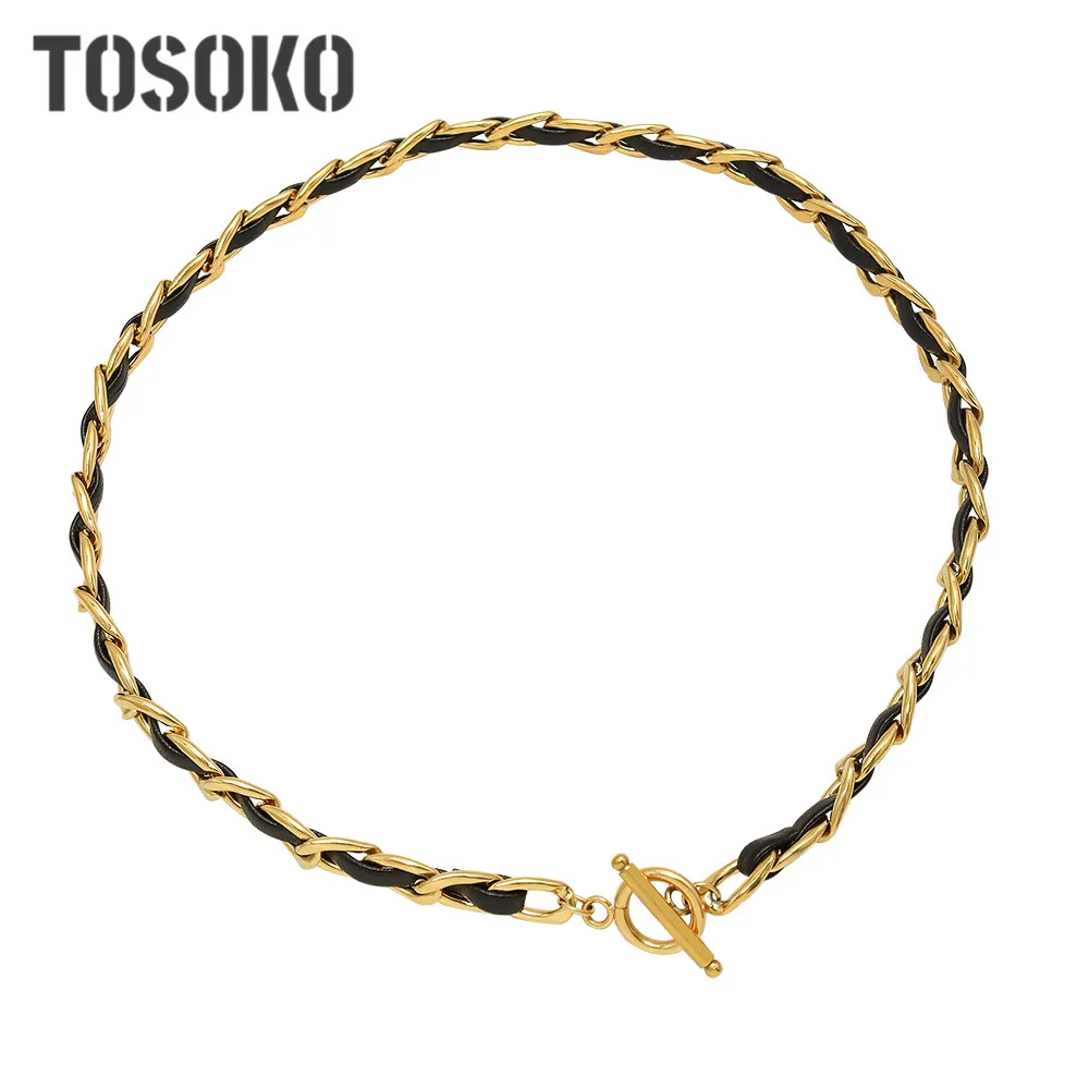

TOSOKO Stainless Steel Jewelry Leather Rope Woven Chain Design OT Buckle Necklace Bracelet Set BSP047-BSE271