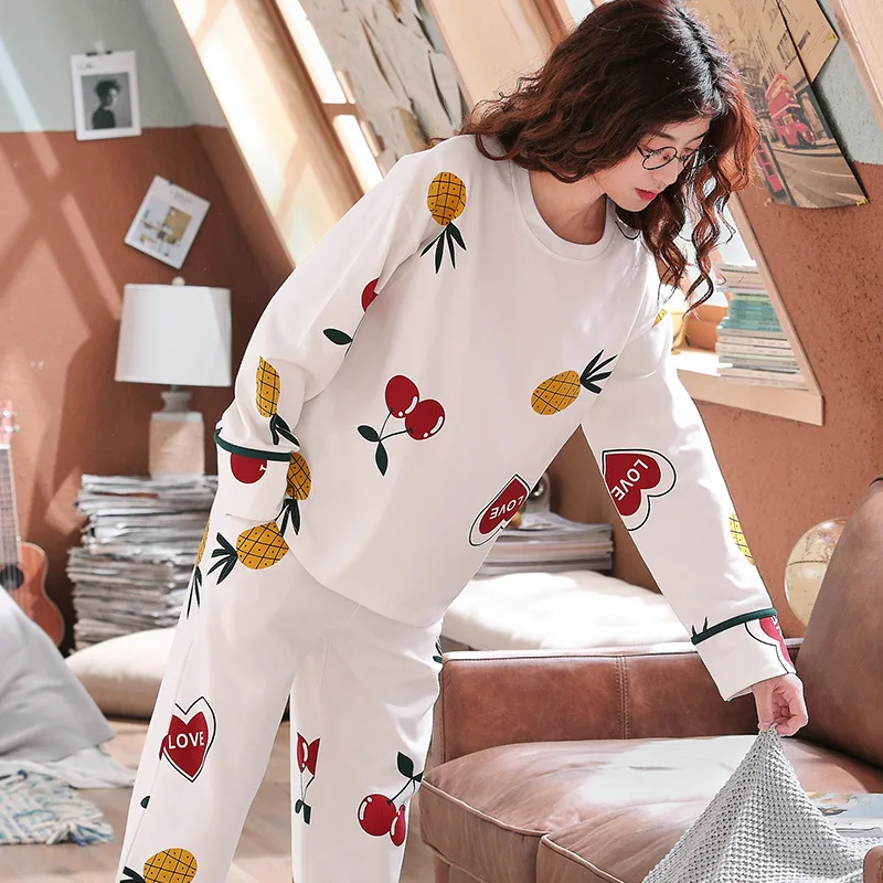 Style 2025 Пижамный комплект, Женский хлопковый весенне-осенний костюм из двух предметов с длинными рукавами, большие размеры, зимние студенческие милые брюки и топ, одежда для сна - Цвет: Style 2025