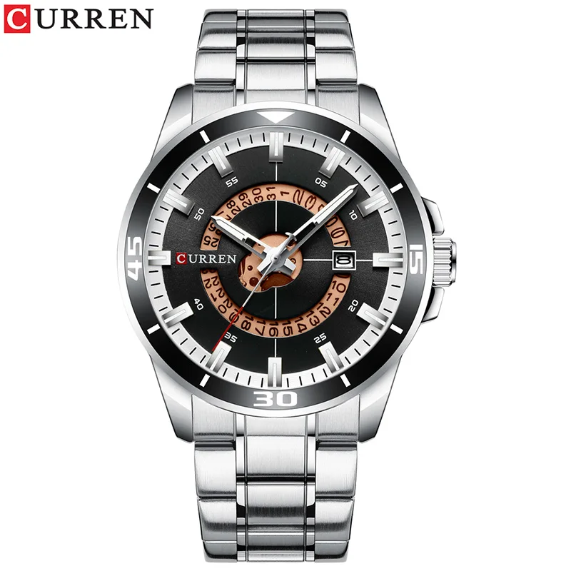 Silver Black CURREN Роскошные брендовые большие спортивные кварцевые часы для мужчин с автоматическим хронографом и датой, модные мужские наручные часы из нержавеющей стали - Цвет: Silver Black