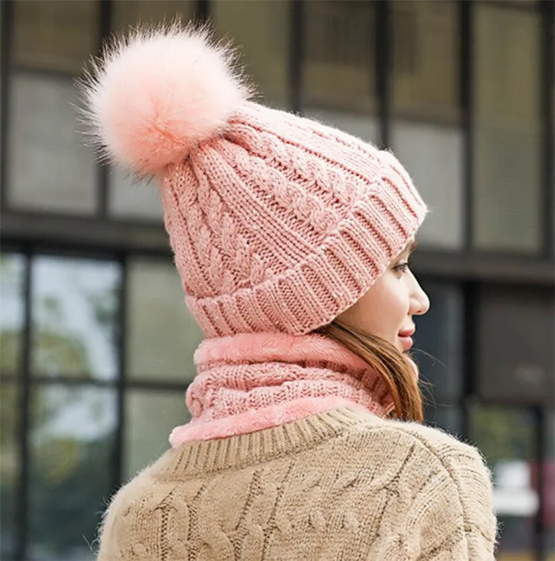 Зимний женский вязаный комплект из шапки и шарфа теплая шапка для девочек женщин