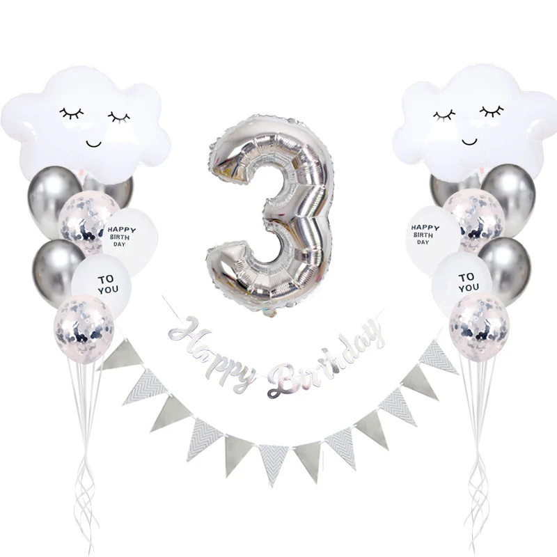 

Silver White Cloud Number Balloon Banner Set Foil Birthday Ballon 1st 2nd 3rd Happy Birthday Party Decor Kids Boys Girls Balon