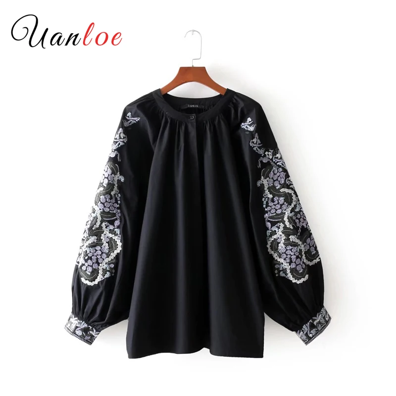 Классические черные топы винтажная Свободная рубашка с цветочной вышивкой