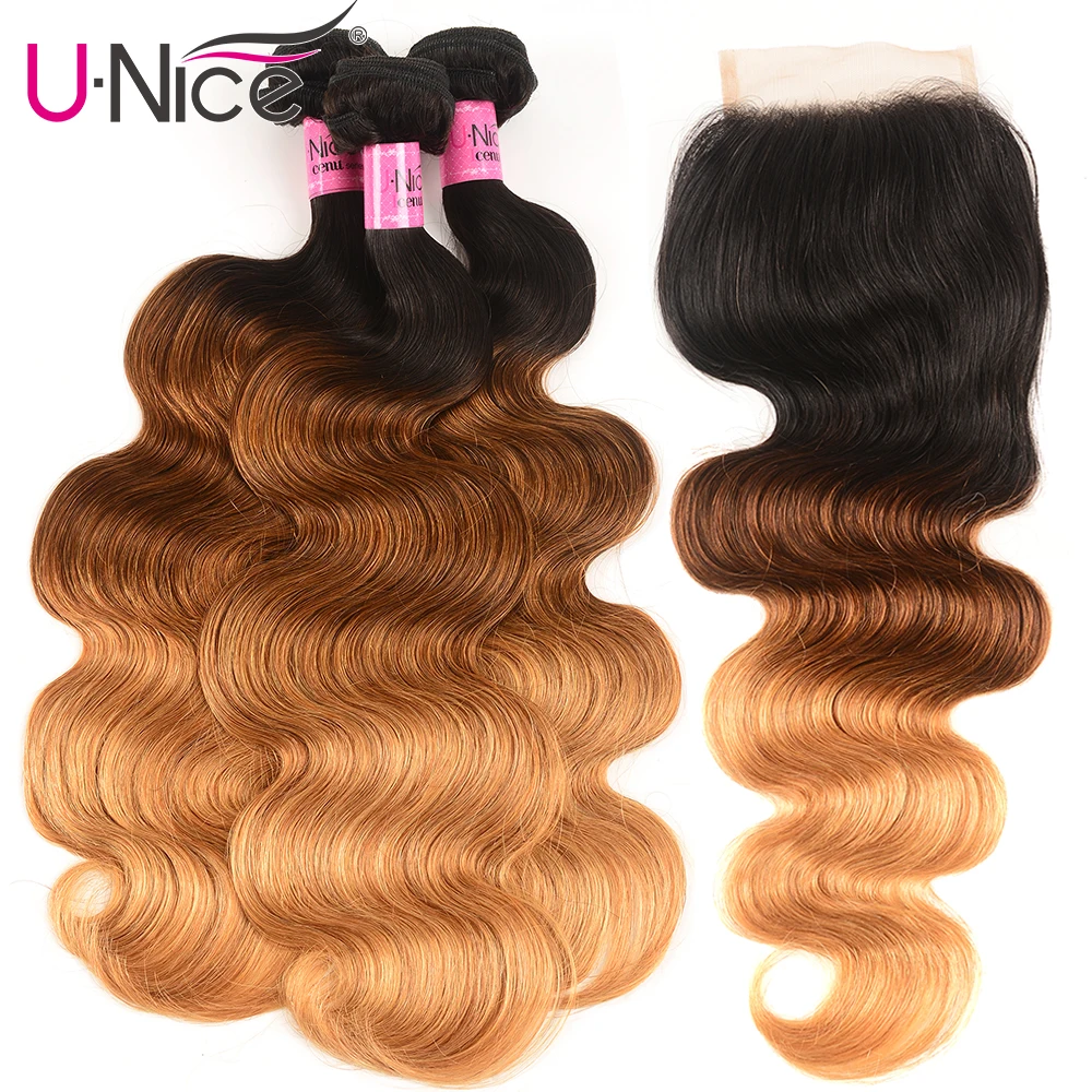 Волосы UNICE перуанский объемная волна 3/4 пряди с закрытием T1B/4/27 Цвет Remy пряди человеческих волос Инструменты для завивки волос эффектом деграде(переход от темного к пряди с закрытием