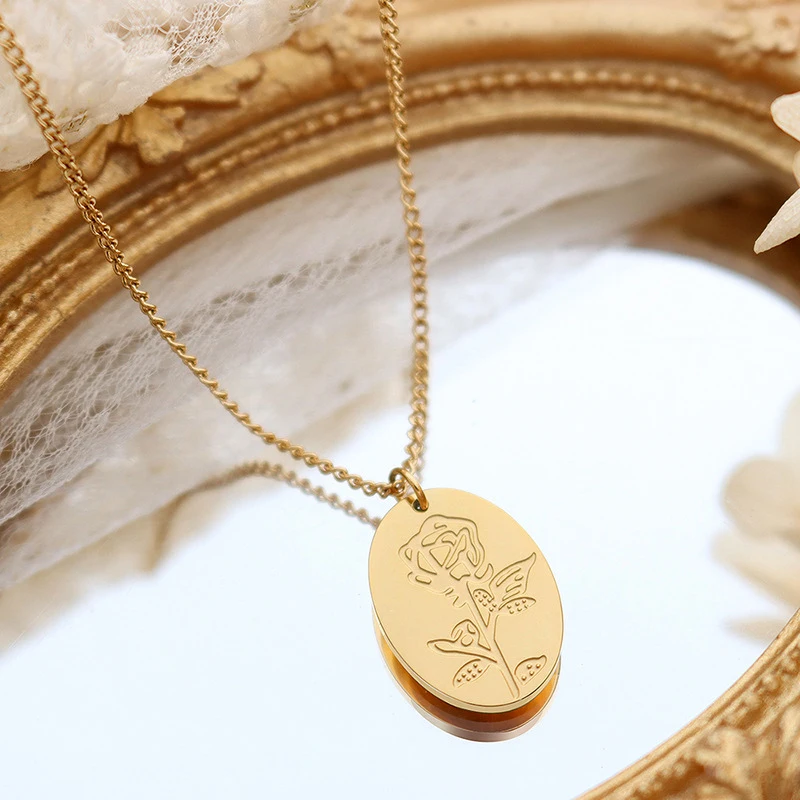 

YAONUAN Exquisite Rose Pattern Oval Pendant Titanium Steel Gold Plated Clavicle Chain Necklace For Women Wedding Jewelry Gifts