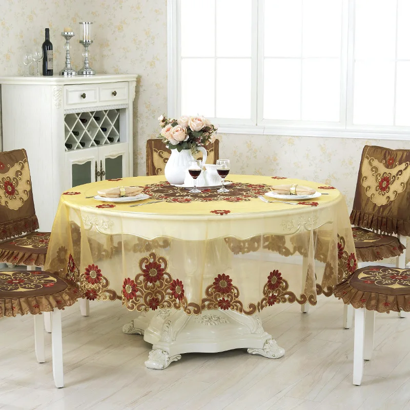 

Satin Fabric Handmade Cutwork Floral Embroidery Round Dining Tablecloths Large Size Table Cloth Cover for Round Table Home Decor