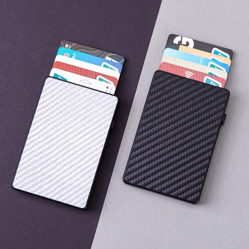 

Carbon Fiber Metal Credit Card Case RFID Blocking Bank Card Holder Safe Wallet Automatically Popped up Cover Purse Thin Wallet