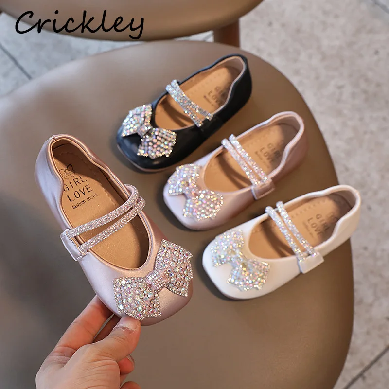 

Туфли детские с бантом и кристаллами, Нескользящие, из ПУ кожи, на липучке