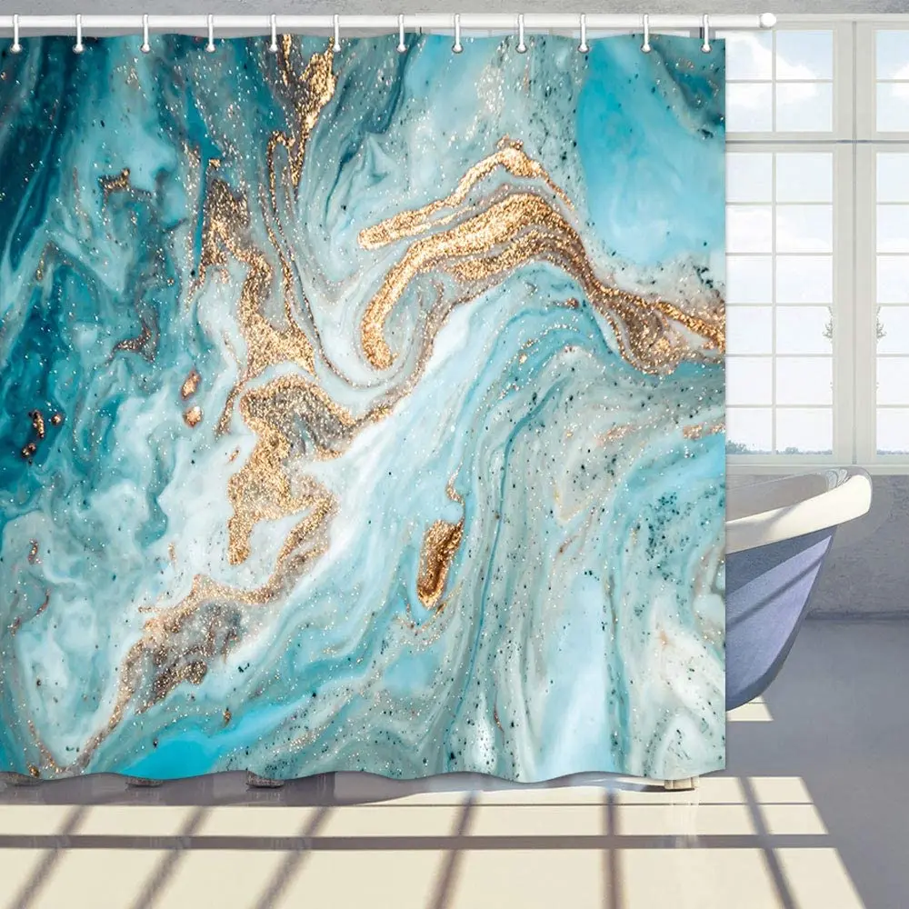 Занавеска для душа из ткани с мраморной текстурой абстрактные зеленые золотые