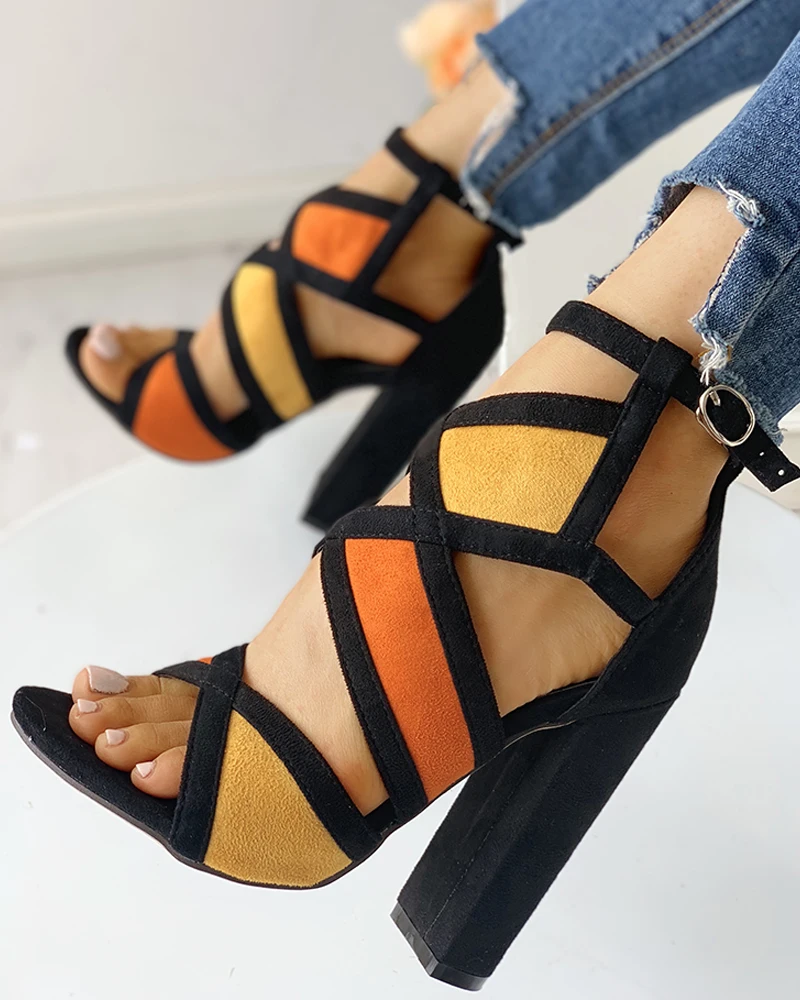 Контрастный цвет открытый носок массивный каблук цветной блок ремешок на